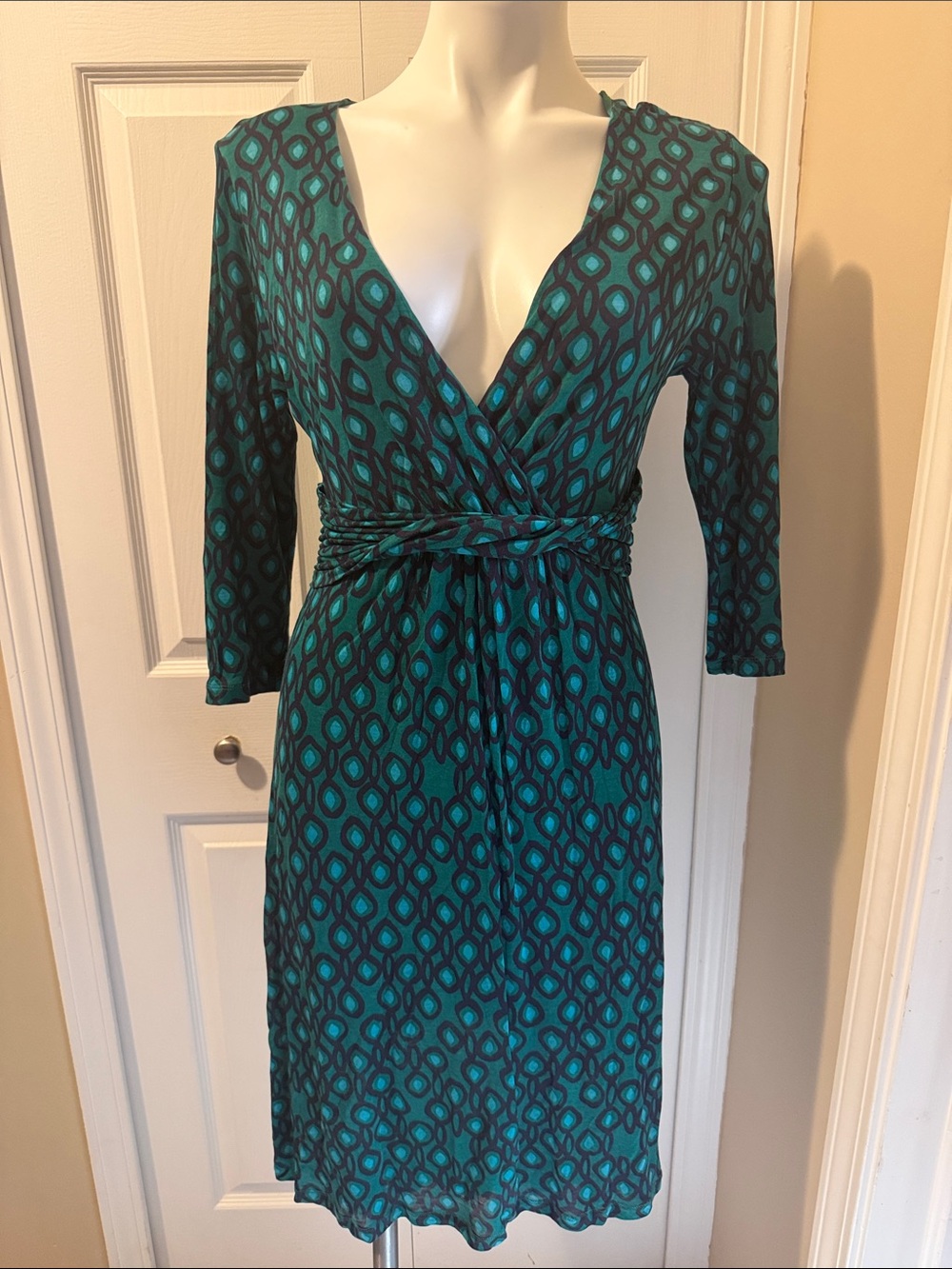 Boden Teal Patterned Wrap Dress, Size 8R